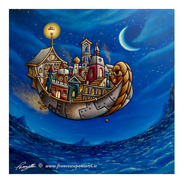Si parte - Opera in acrilico e sabbia, nave volante