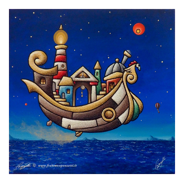 Avanti tutta - Opera in acrilico e sabbia, nave volante